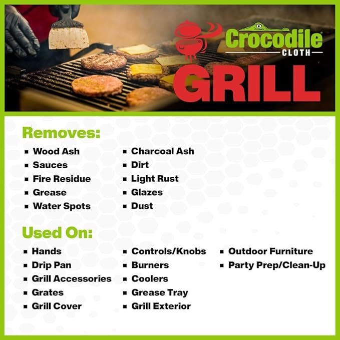Crocodile Cloth Grill - 80 (15" x 10") Plant-based Cleaning Wipes. Safe on Skin & Multiple Surfaces. Infused with Aloe & Vitamin E. Large, Pre-Moistened & Absorbent.
