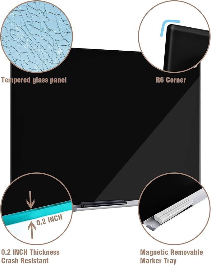 Magnetic Glass Whiteboard,72"x48" Wall Mounted Frameless Dry Erase Board for Office, Home & School Black
