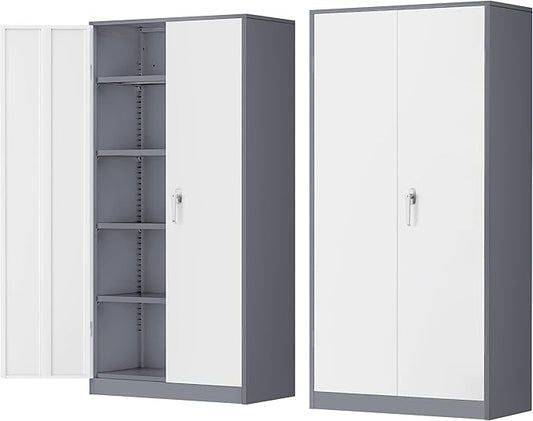 INTERGREAT Garage Storage Cabinets with Doors and Shelves,72" Grey White Steel Tool Locking Cabinet, Metal Storage Cabinet for Home Office, Warehouse, School