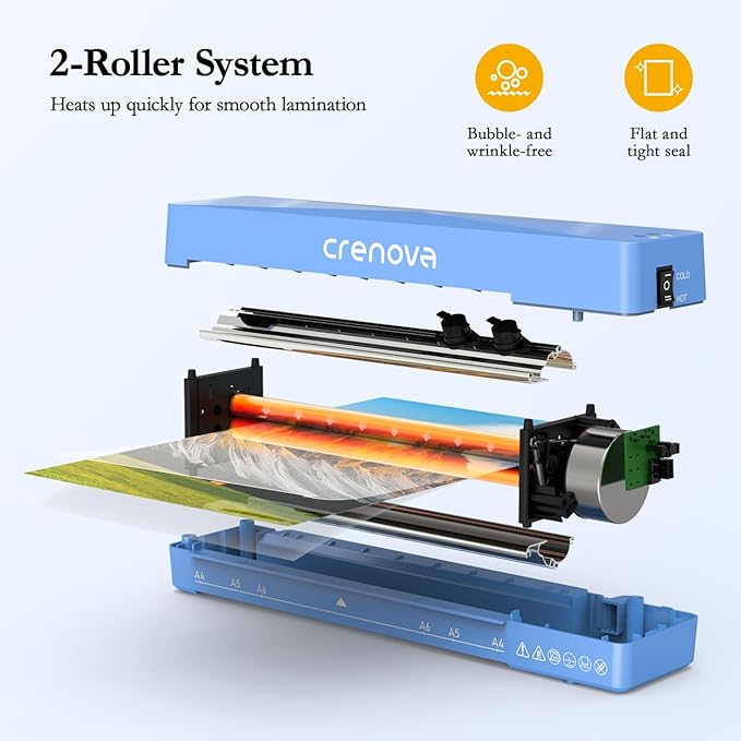 Crenova Laminator Machine with 10 Laminating Sheets, A4 Laminating Machine Hot & Cold with Fast Warm Technology, Thermal Laminator 9 Inch for Home Office School Business Blue
