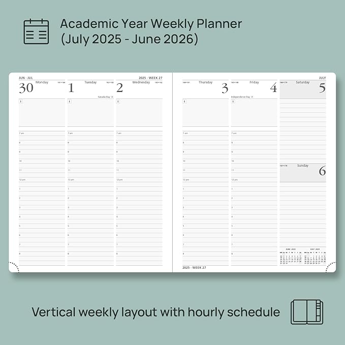 POPRUN Planner 2025-2026, (Large 8.5'' x 10.5'' Hard Cover) Academic Calendar (July 25-June 26) Daily Weekly and Monthly Appointment Book with Hourly Time Slots, Monthly Tabs, 100 GSM - Light Yellow