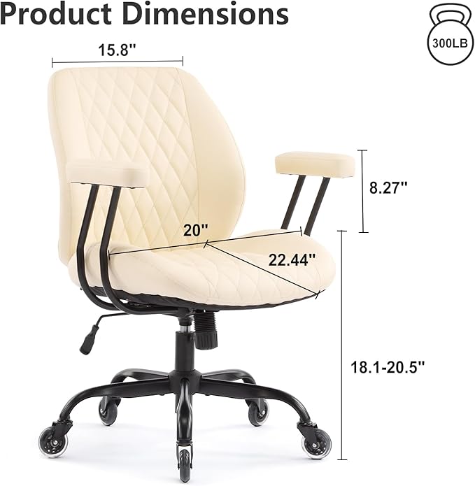 YFO Home Office Desk Chair Office Rubber Casters Ergonomic Computer Chair with Lumbar Support Adjustable Height Rolling Swivel Executive Task Armrests Chair, White Leather