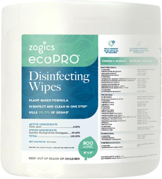 Zogics ecoPRO Plant-Based Disinfecting Wipes – Eco Friendly Wipes for Cleaning and Disinfecting Surfaces, Durable, Gentle, & Effective (Single Roll)