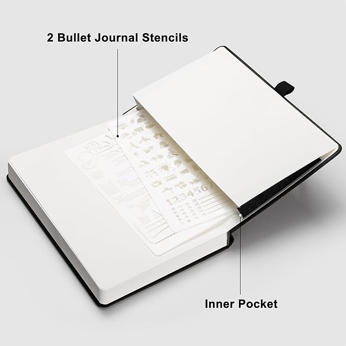 RETTACY Bullet Dotted Journal Notebook, 192 Pages, A5 Medium Size (5.7'' x 8.3''), Leather Hardcover, 100 GSM Thick Paper, for Bullet Journaling, Planning, Tracking (Black)