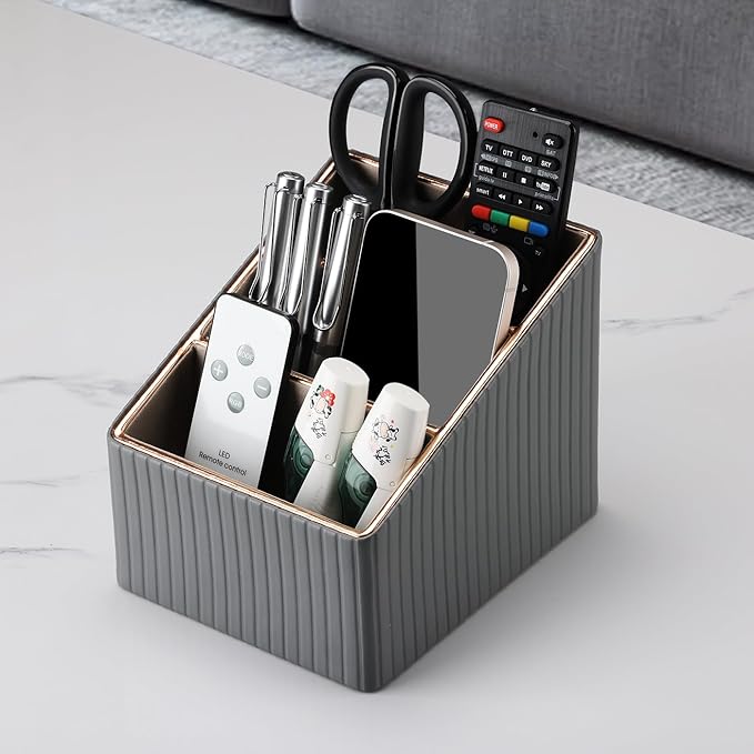 KINGFOM 3 Slot PU Leather Remote Controller Holder, Home Sundries Storage Box, TV Guide/Mail/CD Organizer/Caddy/Holder with Free Cable Desk Organizer (Grey)