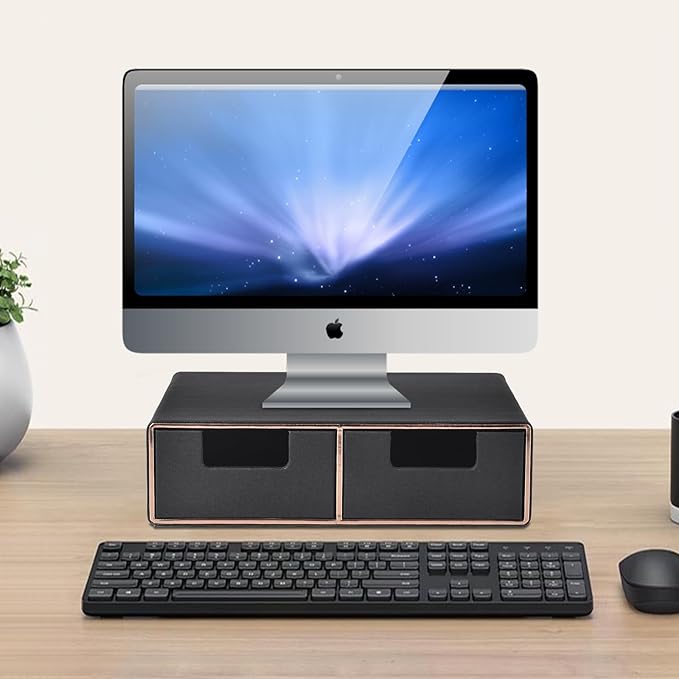 Linen Leather Desk Organizer and monitor stand with Drawers-Mini Desktop Drawer Organizer Stackable-Tabletop Organization Storage Box for Office Supplies Home Vanity Toiletries (Black, 2-drawers)