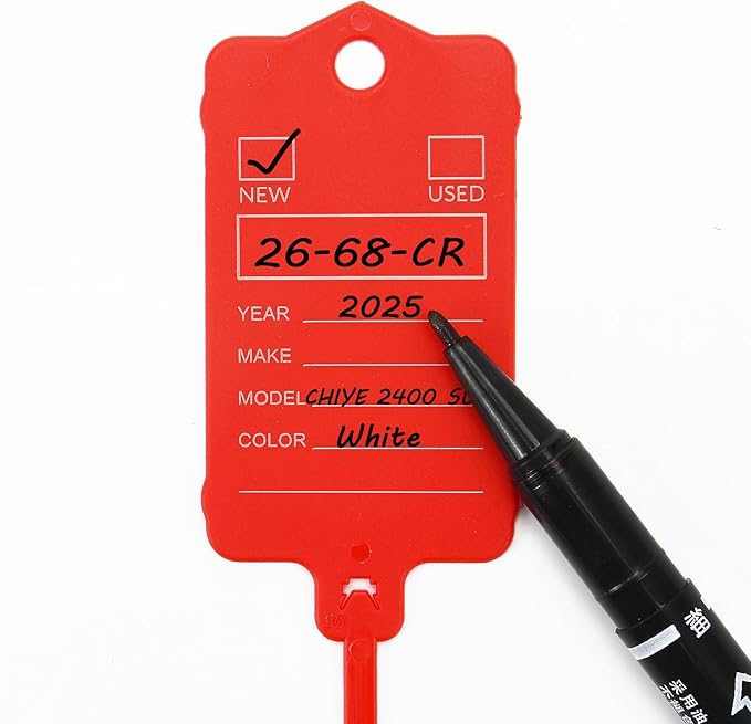 50 Car Key Tags with Labels Plastic Car Dealership Key Tags Self Locking Automotive Identifiers Blank Shop Labels with One Pen (Red)