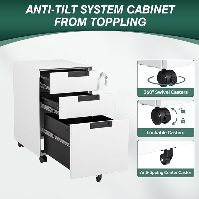 Mobile File Cabinet,3 Drawer Locking Storage Filing Cabinet,Office Metal Storage Cabinet on Wheels for Legal/Letter/A4 File(Fully Assembled,White)