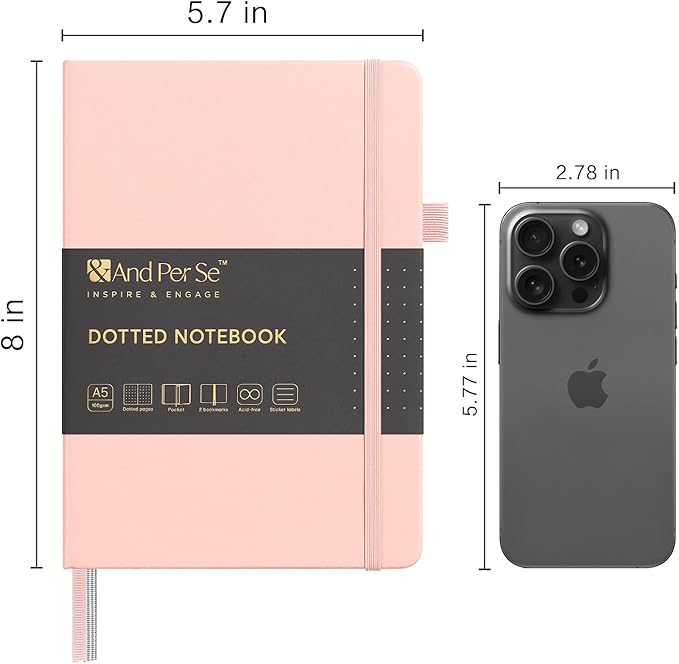 &And Per Se Dotted Journal Notebook, A5 Hardcover Leather Bullet Dotted Journal, 160 Pages 100 gsm Thick Dotted Paper,3 Sheets of Stickers Included - 5.7'' x 8''(Pink)