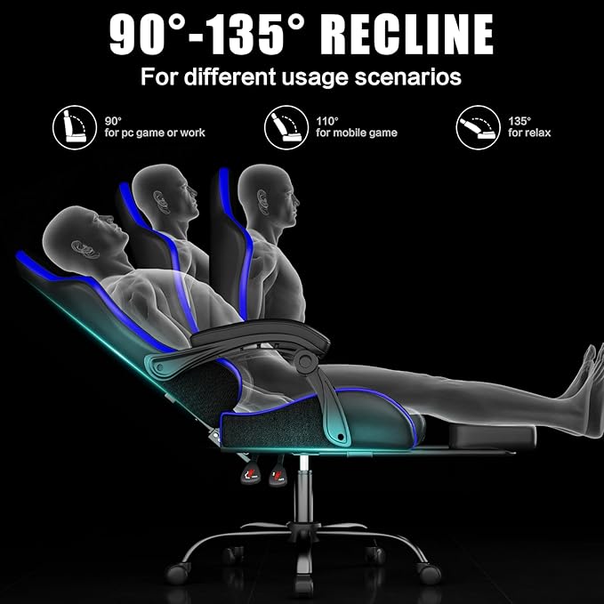 Gaming Chair, Ergonomic Office Computer Chair with Footrest and Lumbar Support Massager Racing Style High Back Video Gamer Chair, Wide&Thick Cushion, 90°-135° Recline, Adjustable Height, Blue