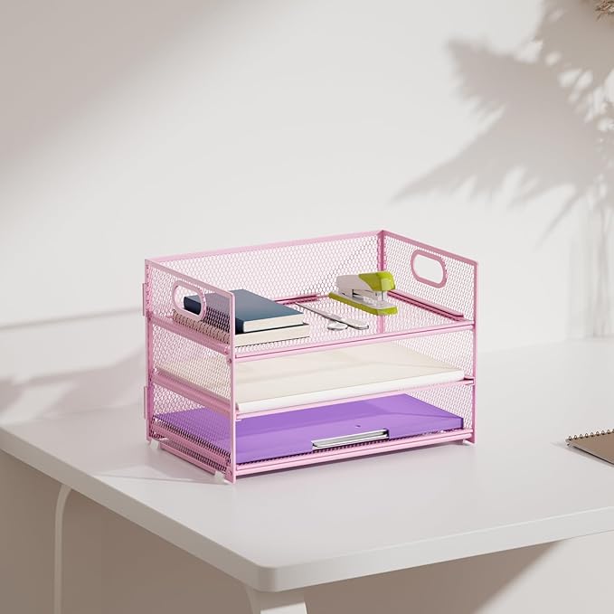 Marbrasse 3 Tier Paper Organizer Letter Tray, Mesh File Organizer with Handle, Paper Sorter Desk Organizer for Home Office Supplies(Pink)