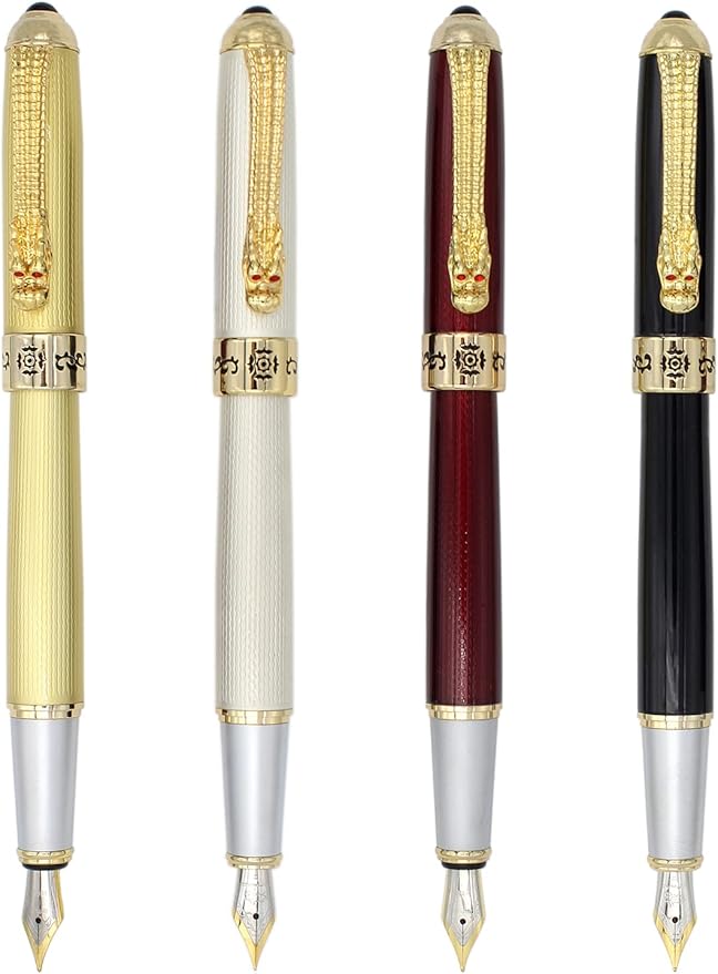 Gullor Fountain Pen with Ink Converter, Golden Dragon Clip, Executive Pen for Smooth Writing, Fine Nib, Red