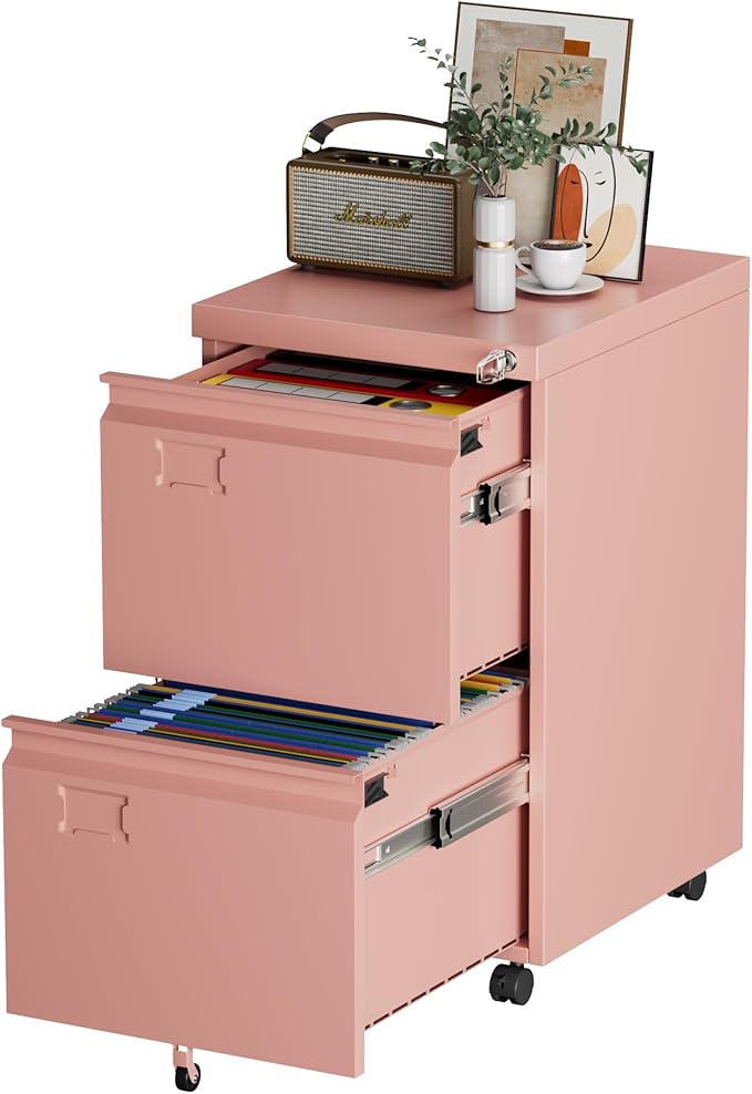 Aobabo 2 Drawer File Cabinet, Lockable Metal Filing Cabinet with Wheels for Home Office, Legal/Letter Size, Required Assembled,Pink