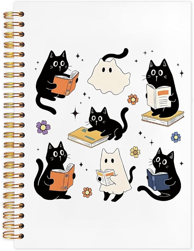 WUCHJ Halloween Ghost Black Cat Notebook, Cat Reading Journal for Book Lovers, Spooky Ghost Bookish Spiral Notebook Journal for Note Taking, Book Lover Gifts, Halloween Office Supplies, 5.5x8.3 Inch