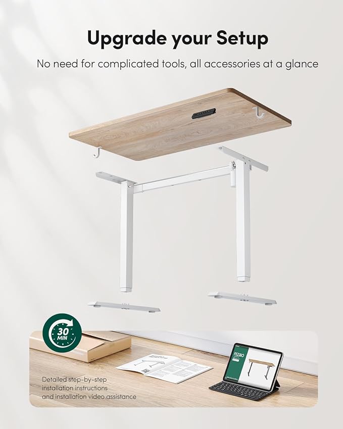 FEZIBO One-Piece Standing Desk Adjustable Height Stand up Home Office Desk, 48x24 Inch Electric Standing Computer Desk, with 4 Memory Presets, Fixable casters, Maple