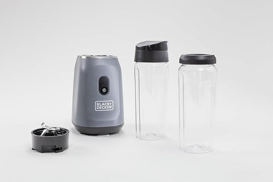 BLACK+DECKER® Ice Crush Single Serve Blender with Pulse/ON Button, Base, Two 20oz Personal Blender Jars, Blade Assembly, Travel Lid, Gray