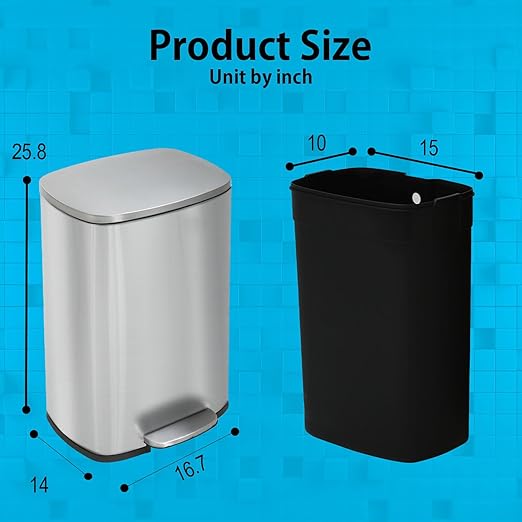 PayLessHere 13 Gallon (50L) in Home Recycling Bin Kitchen Stainless Steel Recycling Bin with Lid Removable Inner Bucket Foot Pedal Soft Close for Office Home Kitchen Garbage Can Trash Bin