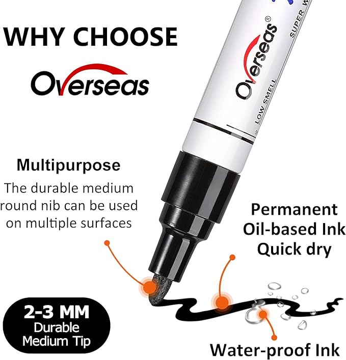 Overseas Blue Paint Pens Permanent Markers 24 Pcs, Oil Based Paint Markers Set, Quick Drying, Waterproof, Medium Tip Marker Pens for Metal, Rock, Wood, Plastic, Canvas, Glass, Stone, Rubber, Paper