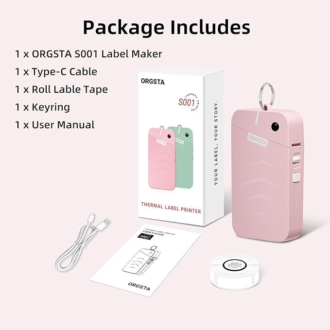 ORGSTA S001 Label Maker Machine with Tape, Portable Bluetooth Label Maker for Home and Office Organization, Thermal Label Printer Mini Sticker Maker with Multiple Templates, Pink