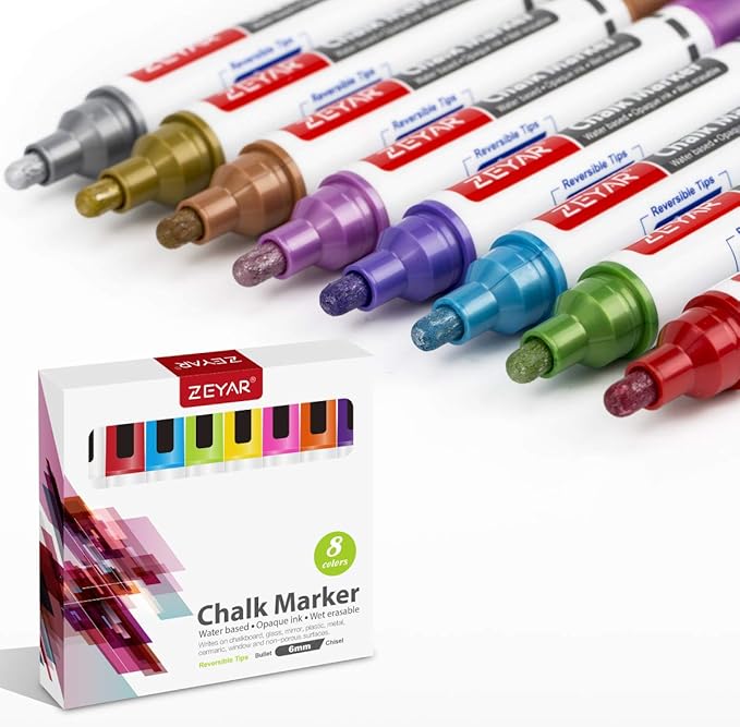 ZEYAR Liquid Chalk Marker-Wet Erase Marker, 6mm Reversible Tip-Bullet or Chisel, 8 Colors, Writes on Chalkboards, Bistro Boards, Windows and Plastic (8 Metallic Colors)