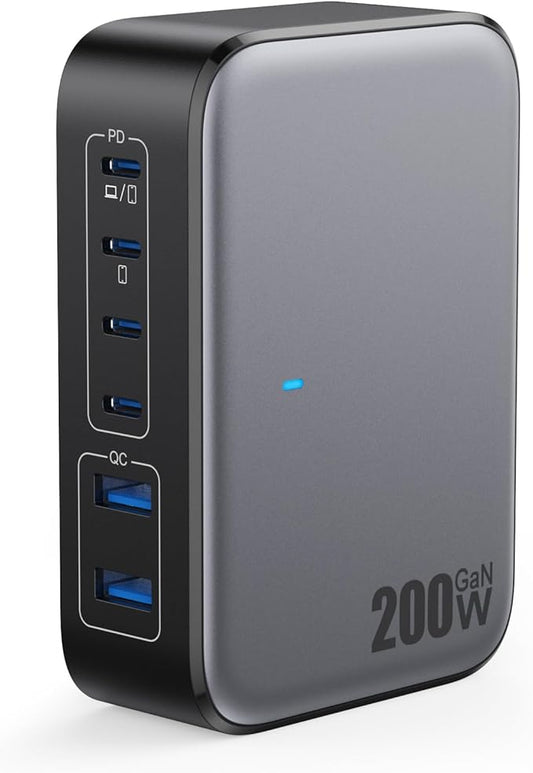 USB C Charger 200W USB Charging Block,6 Ports GaN IV Foldable Wall Charger Outlet Plug,QC4.0 Fast Charging Station Hub,PD 65W Laptop Adapter for MacBook Pro/Air,Dell,iPhone 16/15,Galaxy,Steam Deck