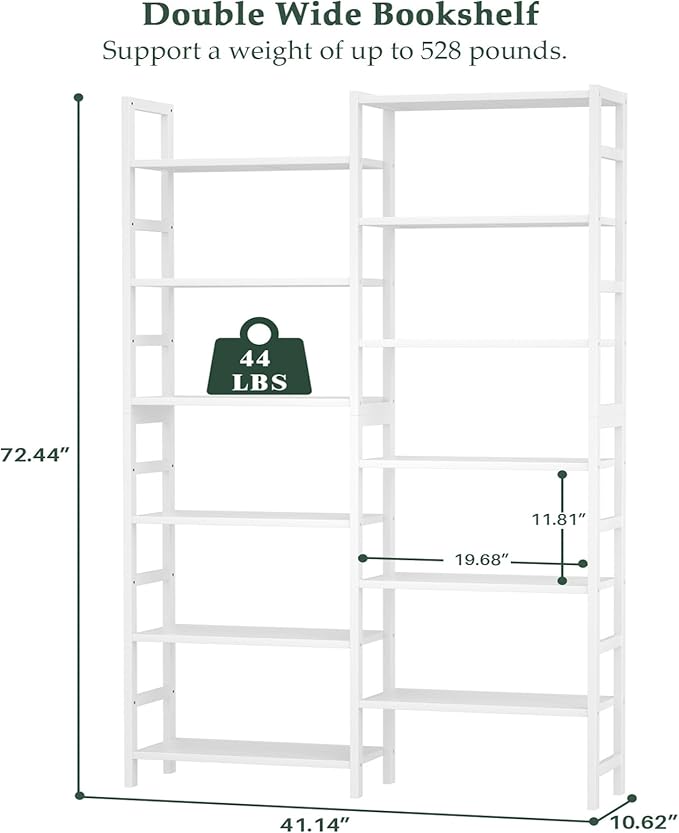 Homykic Double Wide Bamboo Bookshelf White, 6-Tier Large Open Bookcase with 12 Display Shelves, 6ft Tall Freestanding Book Shelf for Home Office, Bedroom, Living Room, Plants