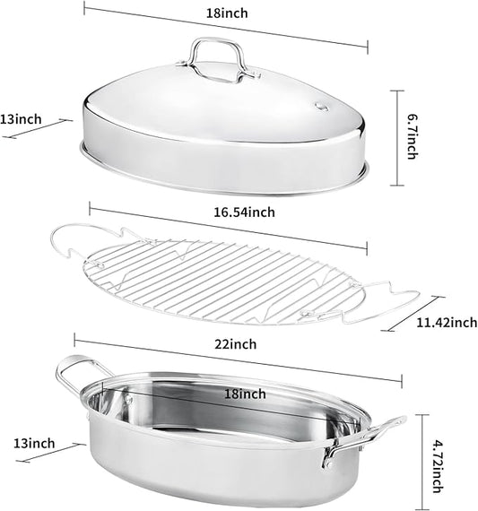 JY COOKMENT 22" Large Roasting Pan with Rack and Lid,Oval Turkey Roaster Pan for oven,Stainless Steel Roasting Pan with rack,Best Gift for Mother or Father.