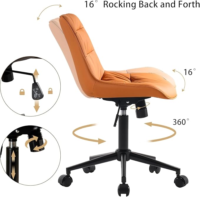 Kidol & Shellder Faux Leather Office Chair, Adjustable Swivel Height Task Chair, Rolling Wheels & Soft Backrest - Armless Ergonomic Desk Chair for Home, Office,Vanity,Gaming(Orange)