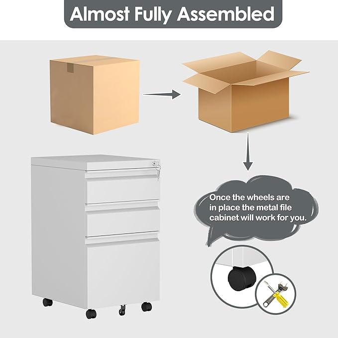 3 Drawer Mobile File Cabinet with Lock, Under Desk Metal Filing Cabinet for Hanging Files Letter/Legal/A4 Size for Home Office, Fully Assembled Except Wheels, White