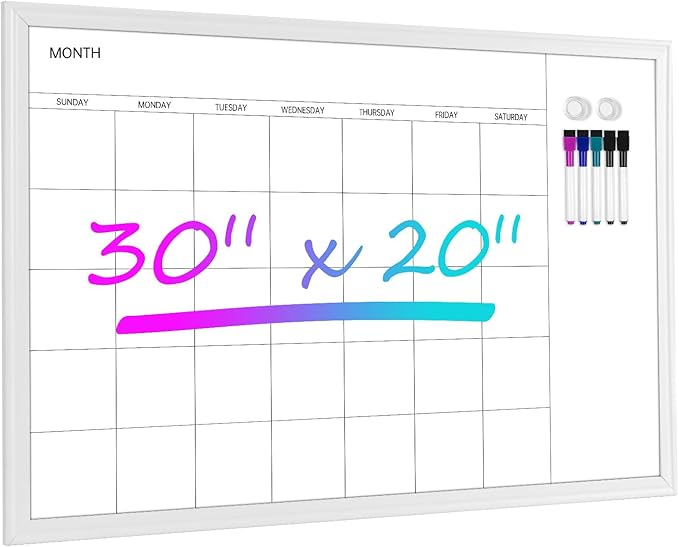 VUSIGN Magnetic Dry Erase Calendar White Board for Wall, 30"x20" Calendar Whiteboard, White Wood Style Frame, Includes 2 Magnets and 5 Markers