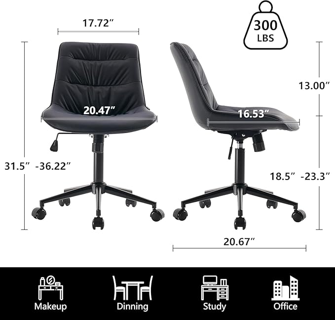 Kidol & Shellder Faux Leather Office Chair, Adjustable Swivel Height Task Chair, Rolling Wheels & Soft Backrest - Armless Ergonomic Desk Chair for Home, Office,Vanity,Gaming(Black)