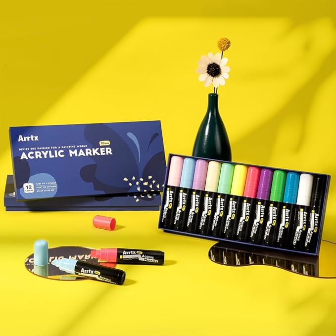 Arrtx Acrylic Jumbo Markers 10mm Broad Tips Acrylic Paint Pens for Stone, Glass, Easter Egg, Wood and Fabric Painting-No Toxic,No Odor