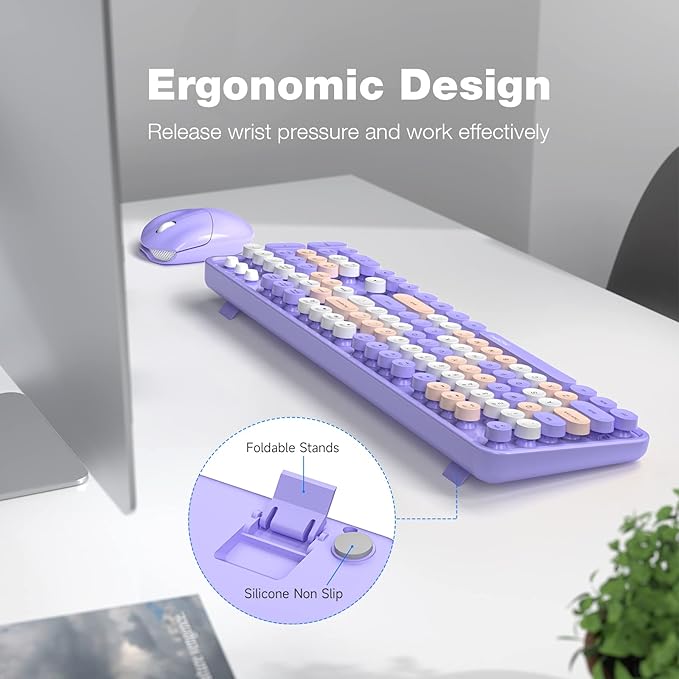 MOFII Wireless Keyboard and Mouse Combo Purple Colorful Full Size Round Key Typewriter Keyboards, 2.4G USB Keyboard Mice with 2-1 Nano Dongle for Computer Laptop PC Desktop Chromebook Smart TV