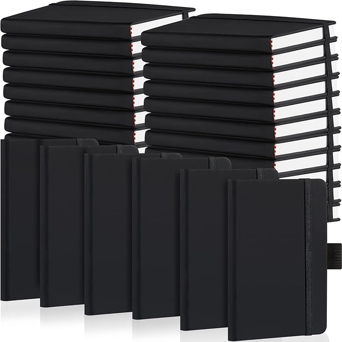 40 Pieces Small Notebooks A6 Pocket Journals 3.5 x 5.5 Inch Small Leather Notebook Mini Ruled Lined Journal with Elastic Band Pen Holder Page Marker Ribbons (Black)