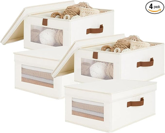 Fabric Storage Bins with Lids, Collapsible Closet Organizer with Sturdy Handles, Clear View Window, Stackable Storage Baskets for Clothes, Towels, Books, Hand Pull Closet Organizer Boxes-4-Pack, Beige