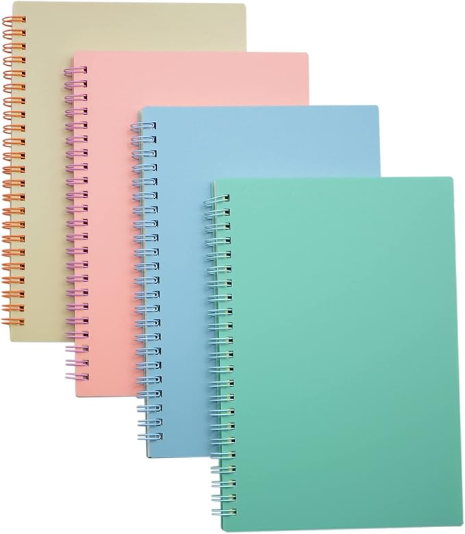 Yansanido Spiral Notebook, 4 Pcs A5 Thick Plastic Hardcover 8mm Ruled 4 Color 80 Sheets -160 Pages Journals for Study and Notes (Light Pink,Light Green,Light Blue,ivory, A5 5.7" x 8.3"-Ruled)