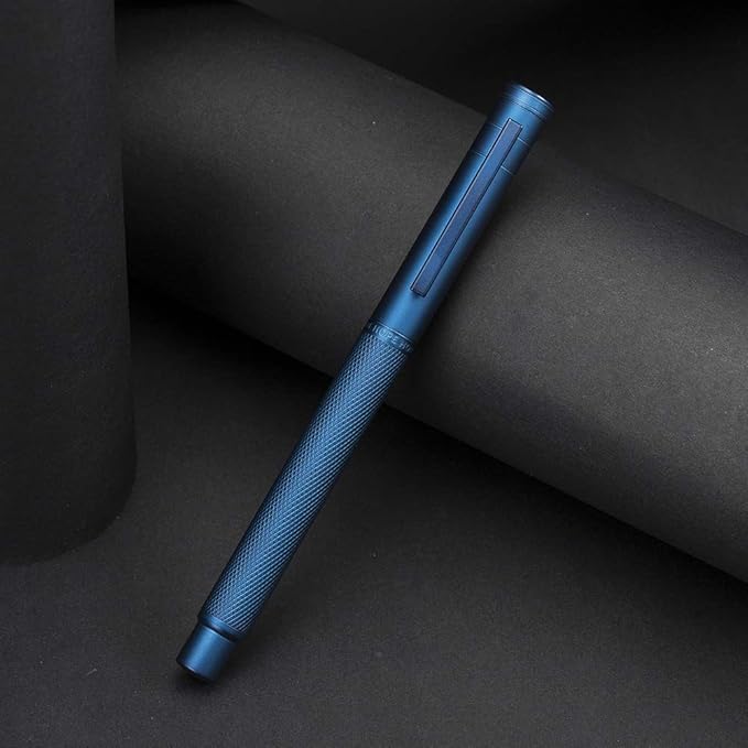 Asvine Dark Blue Fude Pen, Bent Nib Calligraphy Fountain Pen (Fine to Broad) with Converter and Metal Pen Case Set