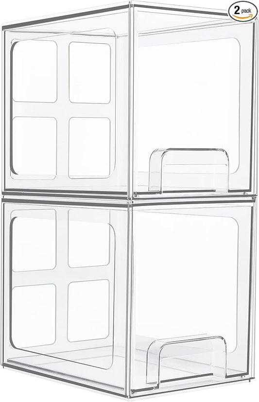 Vtopmart 2 Pack Stackable Storage Drawers, 6.6''Tall Acrylic Bathroom Makeup Organizers,Clear Plastic Storage Bins For Vanity, Undersink, Kitchen Cabinet,Pantry Organization and Storage