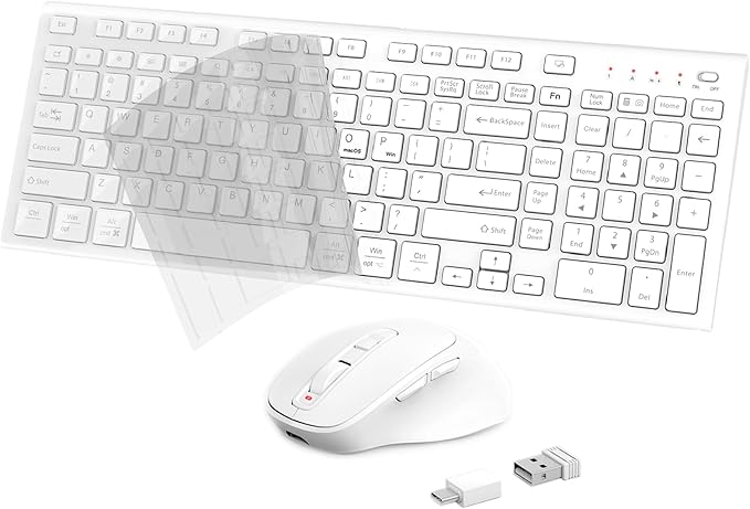 FENIFOX Wireless Keyboard Mouse Combo, Ergonomic Rechargeable Silent Quiet Slim Compact Full-Size USB C with Number Pad Flat Soft Cover for PC Computer Laptop Mac MacBook iMac TV Windows OS - White