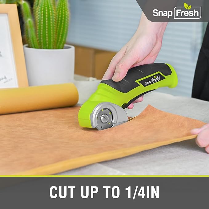 SnapFresh Cordless Electric Scissors, 4V Electric Mini Box Cutter, Carpet & Cardboard Cutter Tool with a Replacement Blade/Charger, Rotary Cutter for Cardboard Packages Leather Plastic (Green)