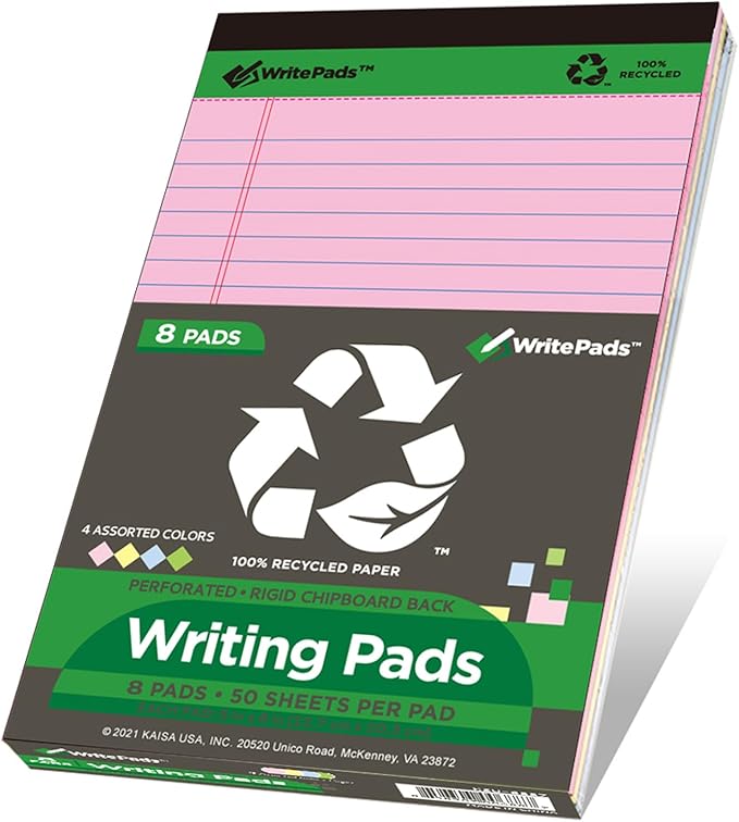 KAISA Colored Legal Pad 15lb Recycled Paper Writing Pad, 4pcs 5"x8" Narrow Ruled and 4pcs 8.5x11 inch Wide Ruled, 50 Sheets, Mixed 8pads, KSU-7358