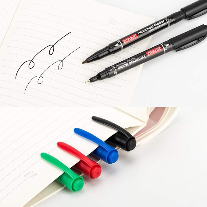 ZEYAR Twin Tip Permanent Markers, CD/DVD Markers, 4 Color, Ultra Fine Point and Fine Point for Signature and Marking (4 Colors, 12 Pack)