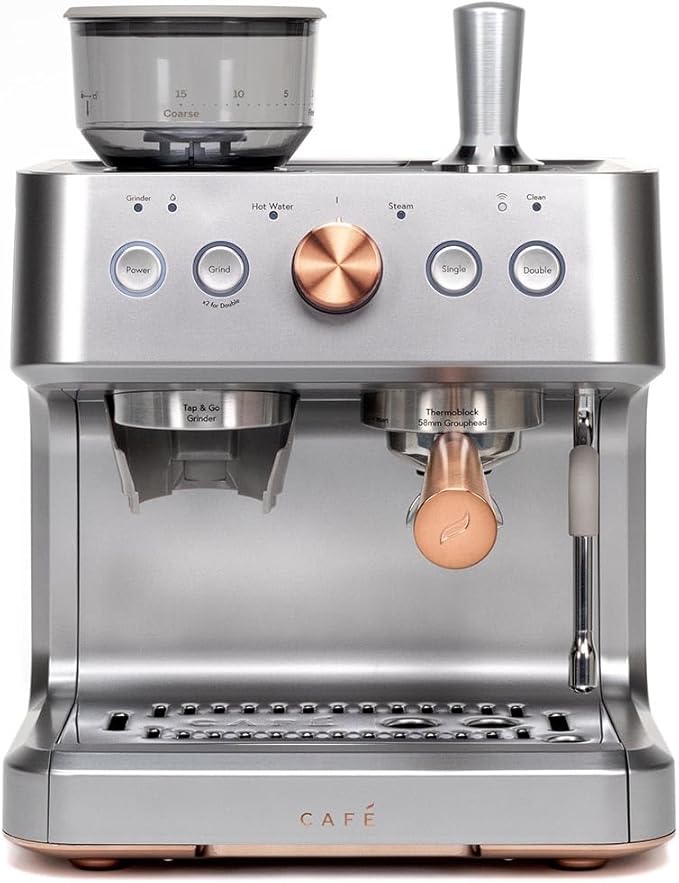 Café Bellissimo Semi Automatic Espresso Machine + Milk Frother | WiFi Connected, Smart Kitchen Essentials | Built-In Bean Grinder, 15-Bar Pump & 95-Ounce Water Reservoir | Steel Silver