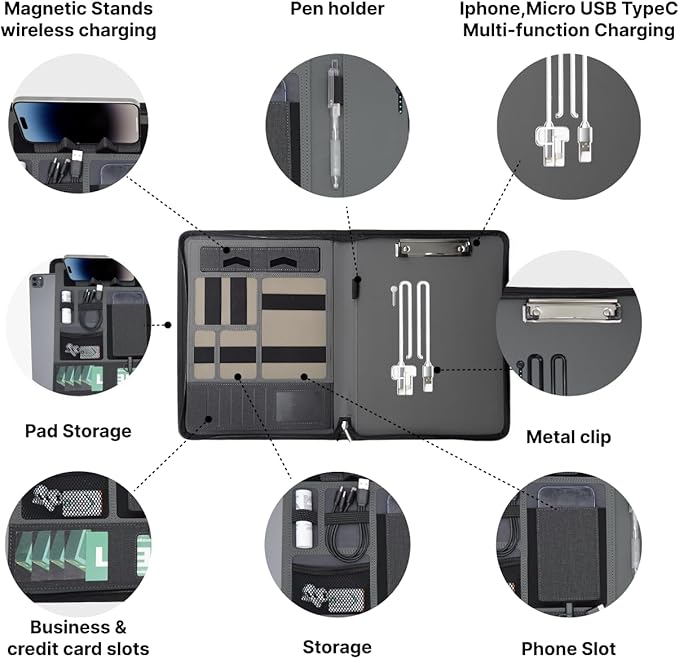 CARDSILK, Leather Zipper Portfolio Binder with Wired Charging, Clipboard – Business Organizer Padfolio folder with Built-in Power Bank, Tablet Slot, Zip Up Binder & portfolio clipboard for Women/Men