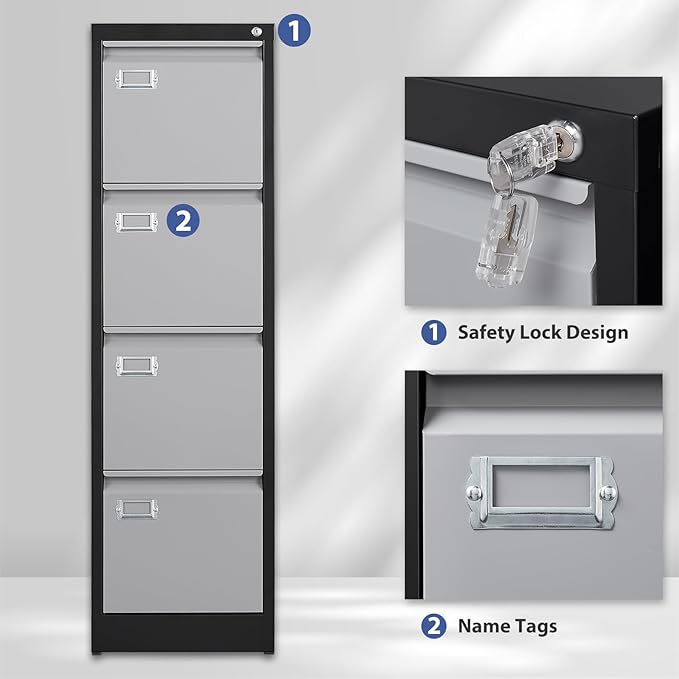 4 Drawer File Cabinet, Filing Cabinets for Home Office, Metal Vertical File Storage Cabinet with Lock, Locking File Cabinet for A4 Legal/Letter, 15" W x 17.7" D x 50.1" H, Assembly Required