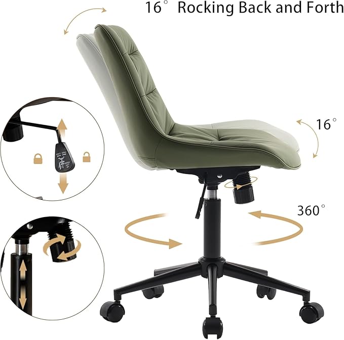 Kidol & Shellder Faux Leather Office Chair, Adjustable Swivel Height Task Chair, Rolling Wheels & Soft Backrest - Armless Ergonomic Desk Chair for Home, Office,Vanity,Gaming(Bean-Green)