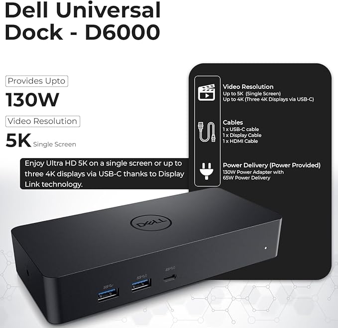 Dell D6000S Universal Dock Bundle with 130W Power Adapter – USB-C, Dual DisplayPort with 4K HDMI Cable + 4K DisplayPort Cable + USB-C Cable + Microfiber Cloth - Supports 4K Display (Renewed)