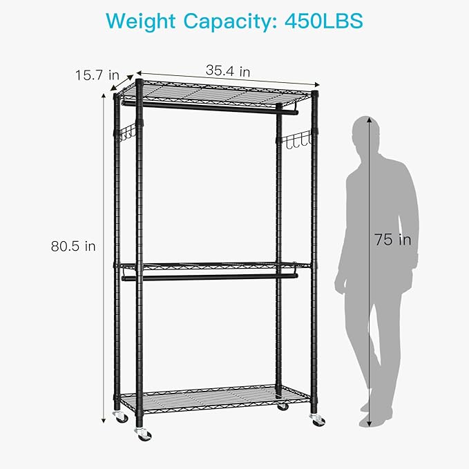 P1 Heavy Duty Garment Rack, 3 Tiers Adjustable Rolling Metal Closet Organizer with Lockable Wheels, FreeStanding Wardrobe with Double Hanger Rods & 1 Pair Hooks, Max Load 450 LBS, Black