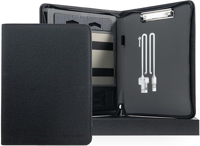CARDSILK, Leather Zipper Portfolio Binder with Wired Charging, Clipboard – Business Organizer Padfolio folder with Built-in Power Bank, Tablet Slot, Zip Up Binder & portfolio clipboard for Women/Men