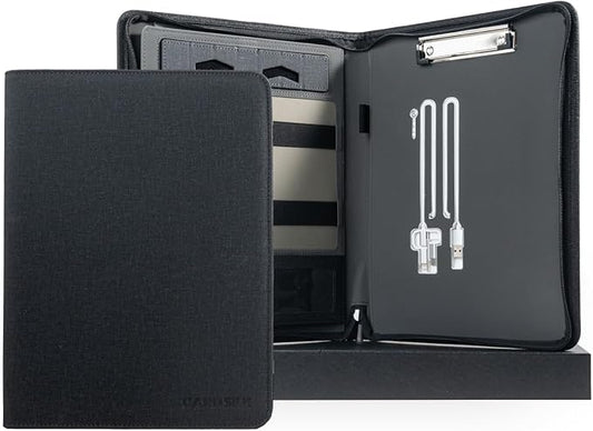 CARDSILK, Leather Zipper Portfolio Binder with Wired Charging, Clipboard – Business Organizer Padfolio folder with Built-in Power Bank, Tablet Slot, Zip Up Binder & portfolio clipboard for Women/Men